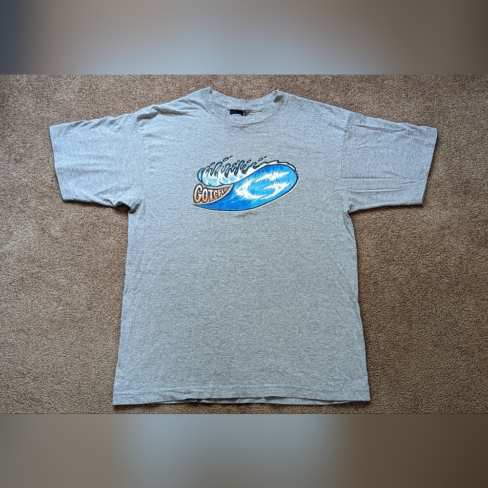 Vintage Gotcha T Shirt Grey Surf Skate Size L Blue Wave Graphic